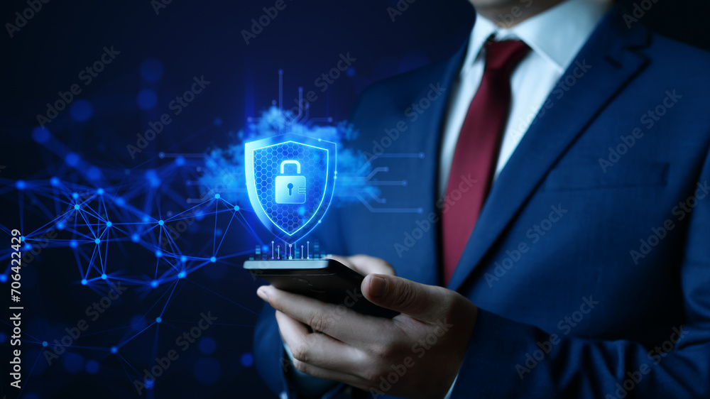 Poster cyber defense in action: businessman navigating data protection and security