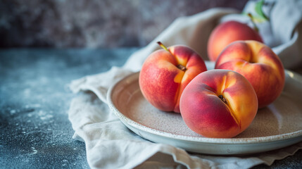 peaches in a bowl. Fresh and sweet peach. Fruits for fitness. Wooden plate with peaches. design for fitness shop, food market, restaurant of cafe. Morning stack.