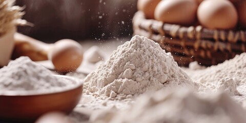 Fototapeta premium A pile of flour next to a bowl of eggs. Perfect for baking and cooking recipes
