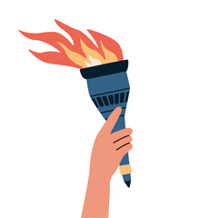 Hand holding torch. Symbol of relay race, competition victory, champion or winner.
