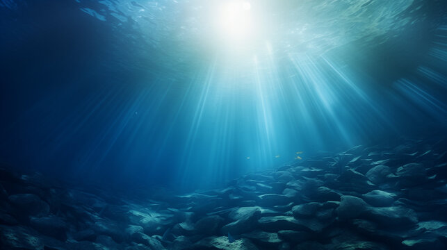 Underwater scene Underwater Sea - Deep Water Abyss With Blue Sun light, Ai generated image