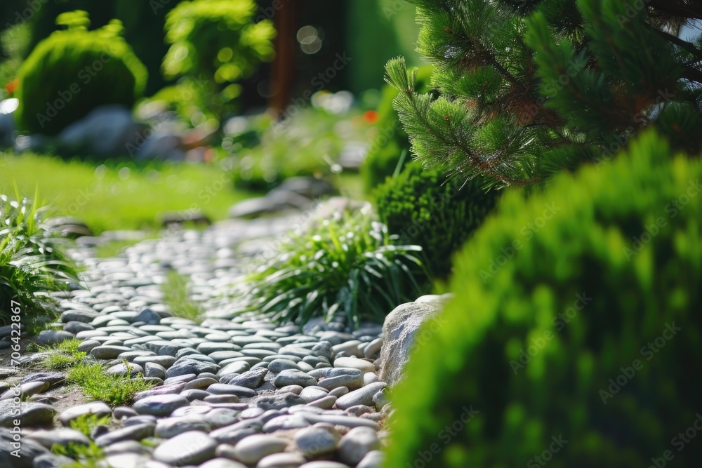 Poster a peaceful garden scene featuring a combination of rocks, lush green grass, and tall trees. perfect 