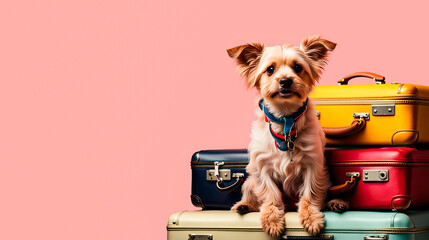 Cute little dog sitting on suitcases and ready to go on a trip