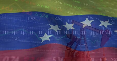 Animation of financial data processing over oil rig and flag of venezuela - Powered by Adobe