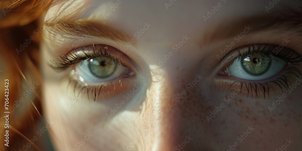 Poster Close up of a woman's eyes with freckles. Versatile image suitable for various uses