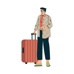 Man Character Standing with Suitcase Going on Vacation Having Journey Vector Illustration