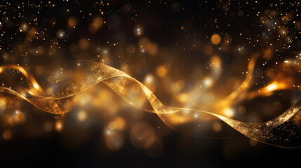Golden glitter shining light line with glowing gold sparkles particles on dark background. Abstract element swirl blurred wave festive banner.