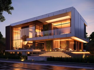 Modern Luxury Home Exterior at Night - 3D Illustration