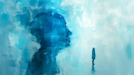 silhouette profile embedded in a textured blue canvas, suggesting introspection and the depths of the human psyche, alongside a solitary figure standing in the distance, self-reflection and solitude - obrazy, fototapety, plakaty