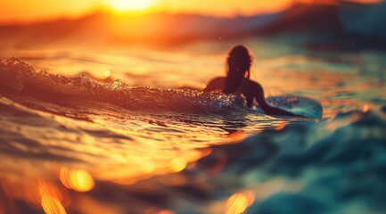 sunset over the sea,  a surfing girl rides the waves,