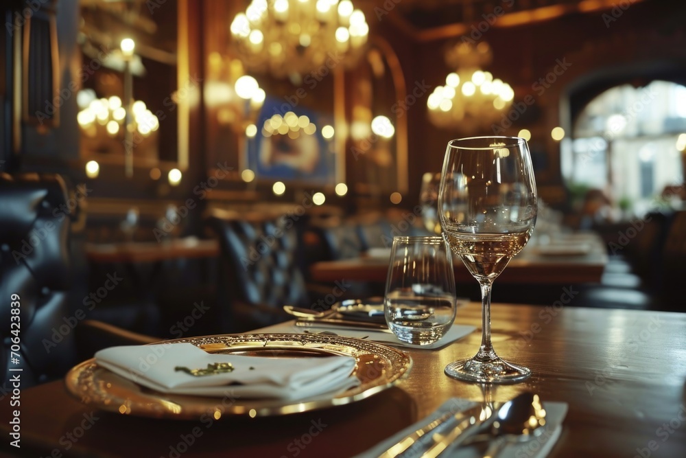 Poster a beautifully arranged table set with wine glasses and silverware. perfect for elegant dining or spe