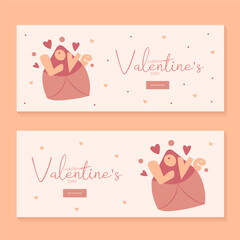 Set of hand draw banners with envelope hearts and word love for Valentine's day. Happy Valentine's day and button read more. Peach fuzz, red, brow and pink colors.Cartoon style. Vector illustration