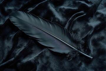 Single dark raven feather on a black velvet background