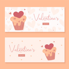 Set of hand draw banners with cupcake and hearts for Valentine's day. Happy Valentine's day and button read more. Peach fuzz, red, brow and pink colors.Cartoon style. Web vector illustration