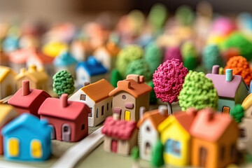 Colorful plasticine houses on the streets with trees