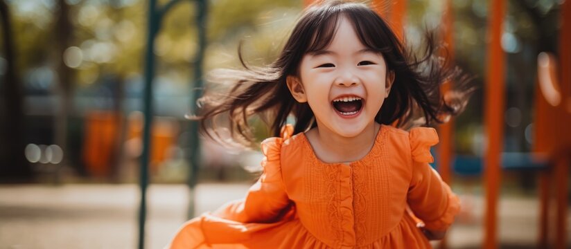 Happy Asian girl in an orange dress plays at the park. - Powered by Adobe