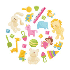 Baby Toy Store and Shop Round Composition Design Vector Template