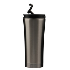 Thermo bottle isolated on transparent background with clipping path. Shine metal silver thermos, png isolated background.