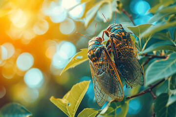 Cicadas on a summer day, a vibrant scene featuring cicadas in their natural habitat on a warm summer day. - obrazy, fototapety, plakaty