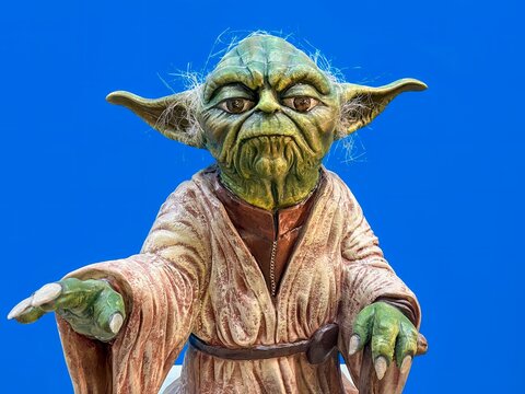 Madrid, Spain; 01-03-2024: Life-size figure of the iconic character from the Star Wars movie saga Yoda, Grand Master of the Jedi Order