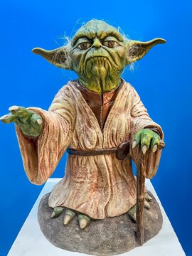 Madrid, Spain; 01-03-2024: Life-size figure of the iconic character from the Star Wars movie saga Yoda, Grand Master of the Jedi Order