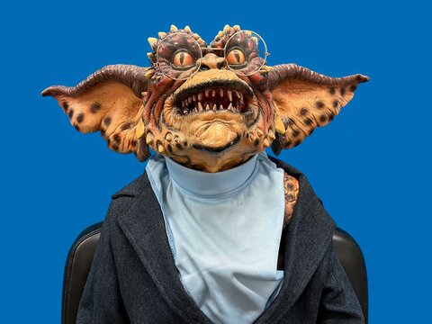 Madrid, Spain; 01-03-2024: Life-size figure of the iconic character from the famous movie Gremlins 2 brain gremlin, the intelligent gremlin who was capable of speaking and reasoning
