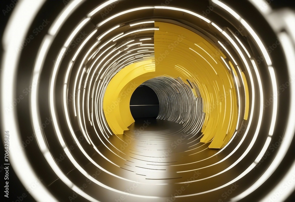 Poster 3d render abstract minimal yellow background with white clouds flying out the tunnel