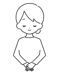 モノクロ｜笑顔でお辞儀をする女性｜私服