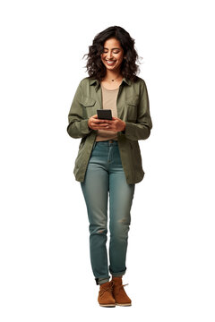 A female in casual outfit holding a smartphone Isolated