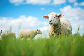 Naklejka na ściany i meble white sheep grazing in a vibrant green pasture