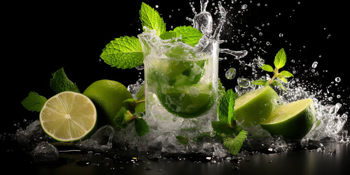 lime and water splash,Fresh mojito alcohol cocktail drawing with lime, mint leaves and ice. picture and image food illustration for background content,A glass of mojito with mint leaves and limes on a