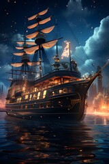 Pirate ship at night in the sea. 3d illustration.