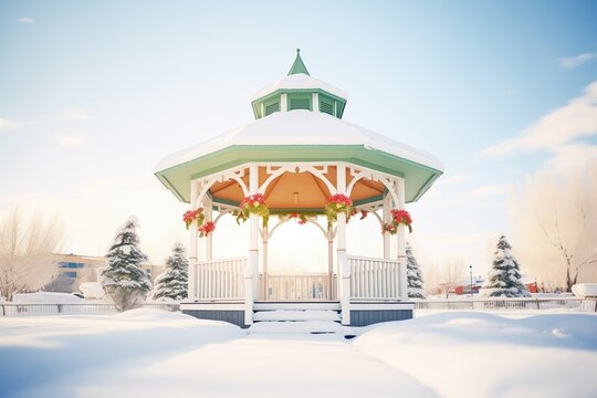 wintery gazebo with a backdrop of snow drifts