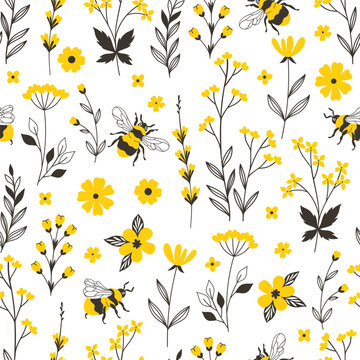 Seamless pattern with yellow flowers and bees. Vector graphics.