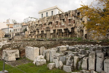 Ancient Ruins of Hadrian&rsquo;s library on the North Side of the Acropolis Athens, Greece