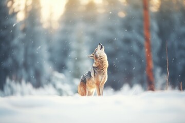 howling wolf in a snowy expanse, blurred forest edge - obrazy, fototapety, plakaty