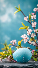 Easter egg in a shade of sky blue with delicate white speckles, set against a soft focus backdrop of spring blossoms, conveying a sense of freshness and the joy of the Easter season