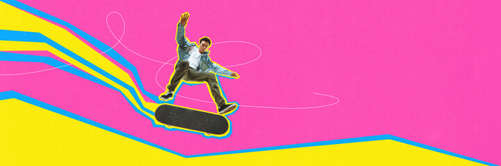 Young man in casual clothes, skateboarder in motion training, practicing stuns over pink...
