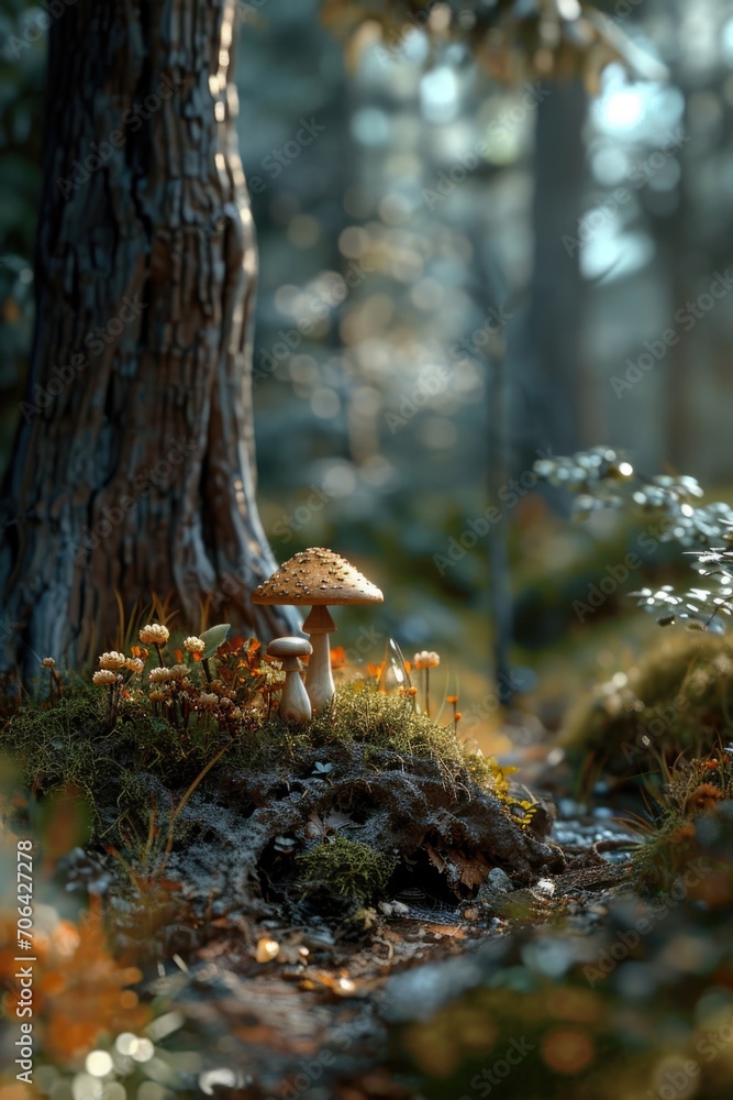 Poster a group of mushrooms sitting on top of a tree stump. this image can be used to depict nature, forest