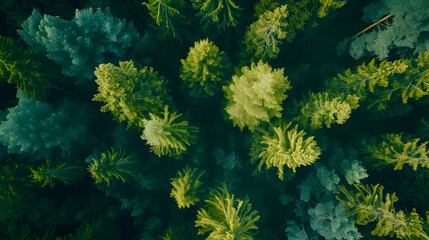 Fototapeta premium Aerial Top view of evergreen forests at dusk with a long shadow with tall forest trees