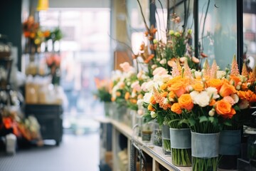 fresh floral arrangements at a florists shop - obrazy, fototapety, plakaty