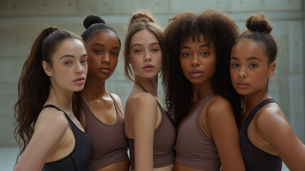 Obraz premium A diverse group of four young women in athletic wear confidently poses together, highlighting their unity and individual beauty against a modern backdrop