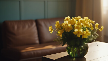 yellow spring flowers stand in a vase in a cozy room