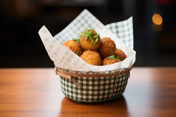 arancini in a basket lined with checkered paper