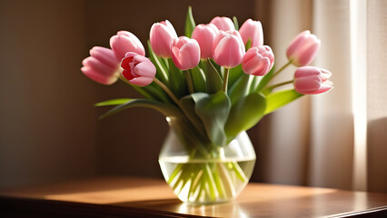 a bouquet of beautiful pink tulips stands in a vase, happy women's day