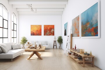 white-walled room filled with framed canvas paintings