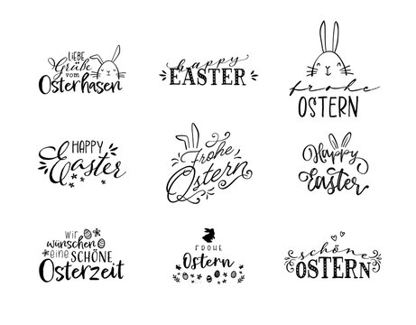 Collection of lovely hand drawn easter greetings with text in german "Happy Easter" cute hand drawn bunnies, eggs and decoration - vector design