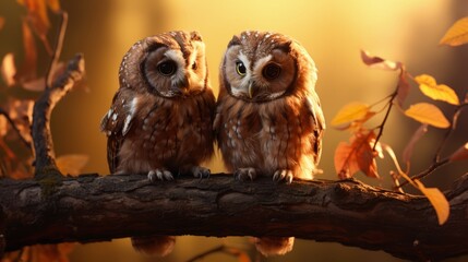 Enchanting duo: two owls perched on a majestic tree - stunning 8k hd wallpaper | stock photographic...