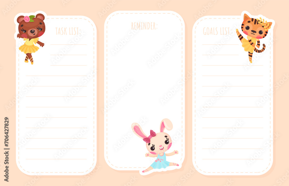 Poster empty note card with animal ballerina character with pretty snout vector template