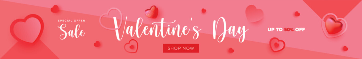 Happy Valentine's Day Sale Poster or banner with symbol of heart and valentine elements on pink background. Promotion and shopping template for love and Valentine's day concept